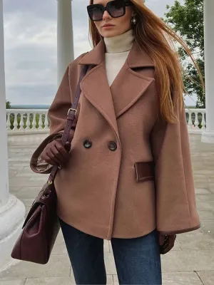 Back To School Joskaa Elegant Solid Color Double Breasted Women's Wool Coats Casual Collar Warm Long Sleeve Jacket Autumn Office Lady Street Outerwear