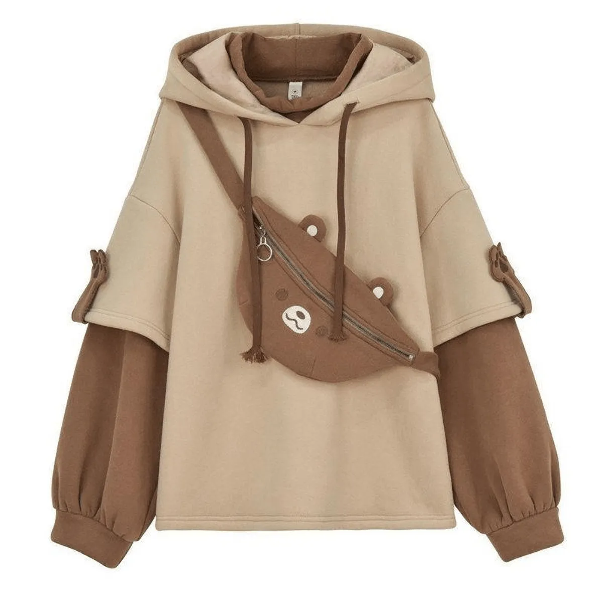 Bear Paw Faux Layered Look Women's Hoodie and Bag Girls Fashion Long Sleeve Super Cute Hooded Sweatshirt Kawaii