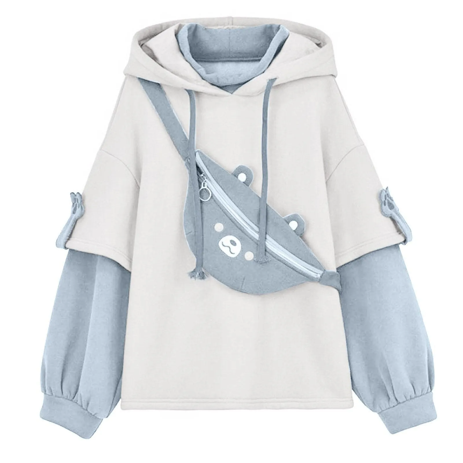 Bear Paw Faux Layered Look Women's Hoodie and Bag Girls Fashion Long Sleeve Super Cute Hooded Sweatshirt Kawaii