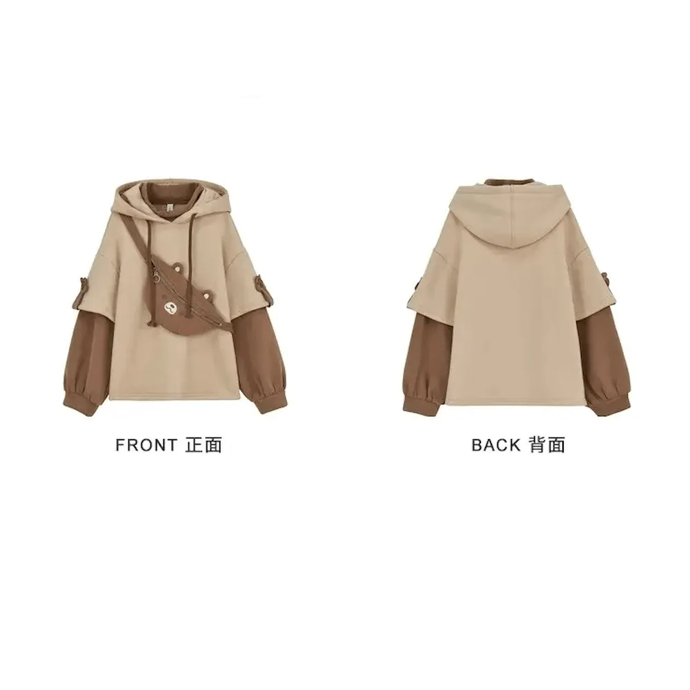 Bear Paw Faux Layered Look Women's Hoodie and Bag Girls Fashion Long Sleeve Super Cute Hooded Sweatshirt Kawaii