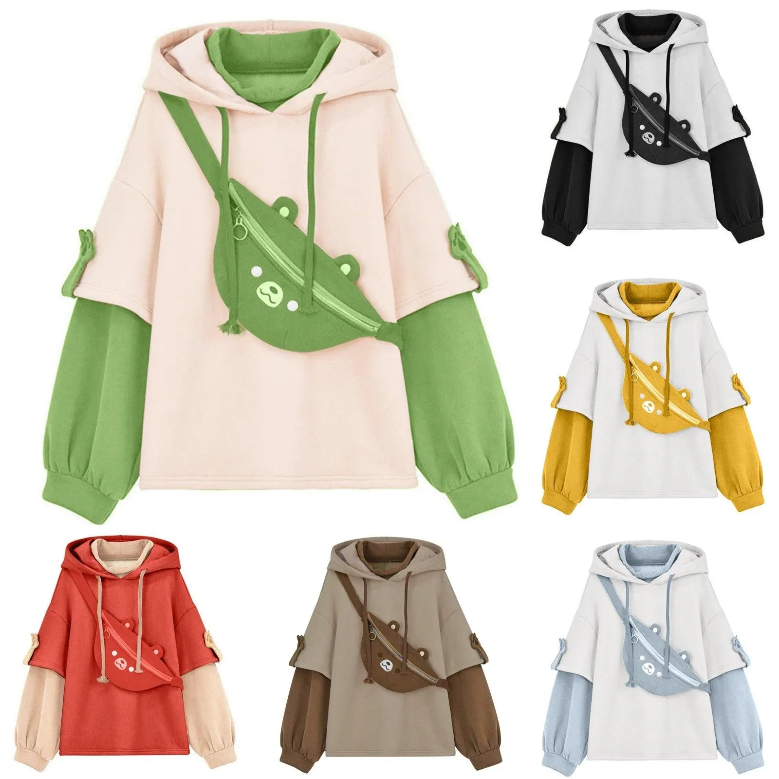 Bear Paw Faux Layered Look Women's Hoodie and Bag Girls Fashion Long Sleeve Super Cute Hooded Sweatshirt Kawaii