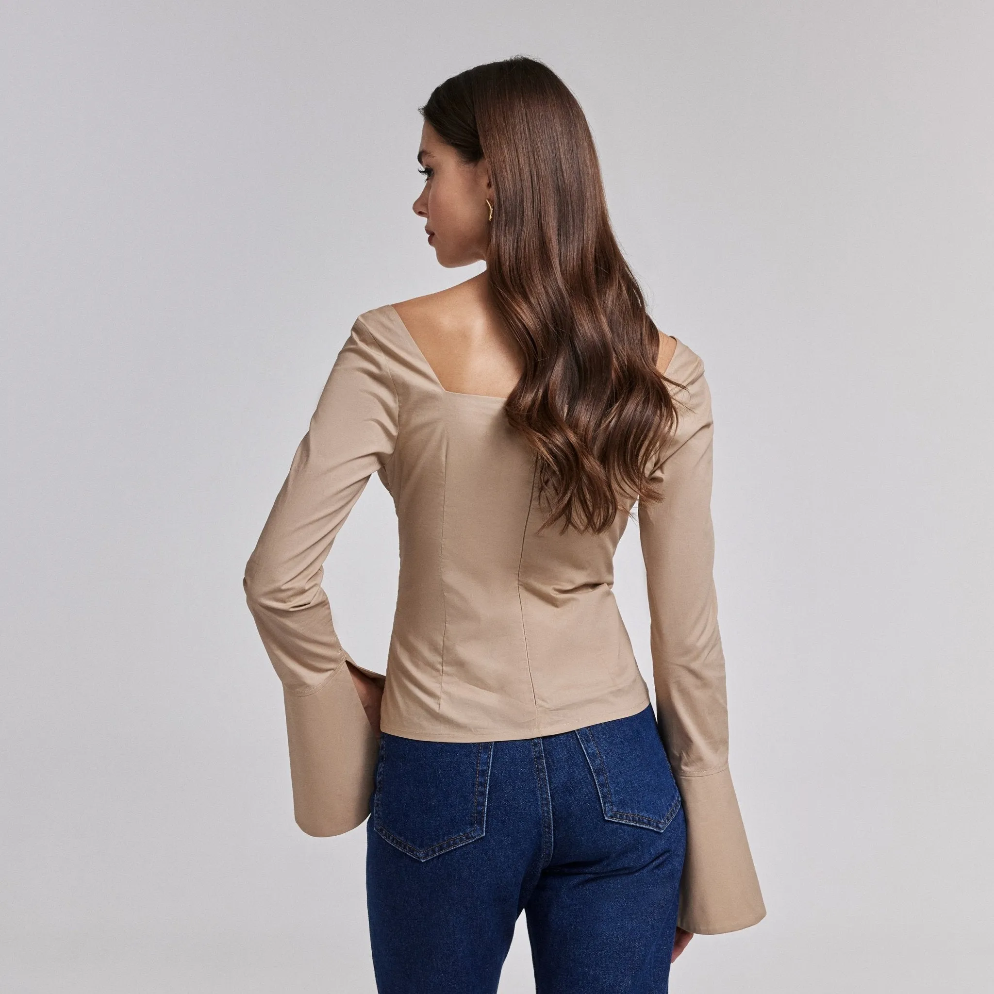 Beige Cotton Square Neck Long Sleeve Top