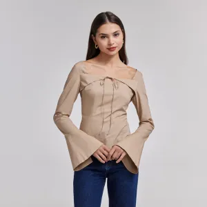 Beige Cotton Square Neck Long Sleeve Top