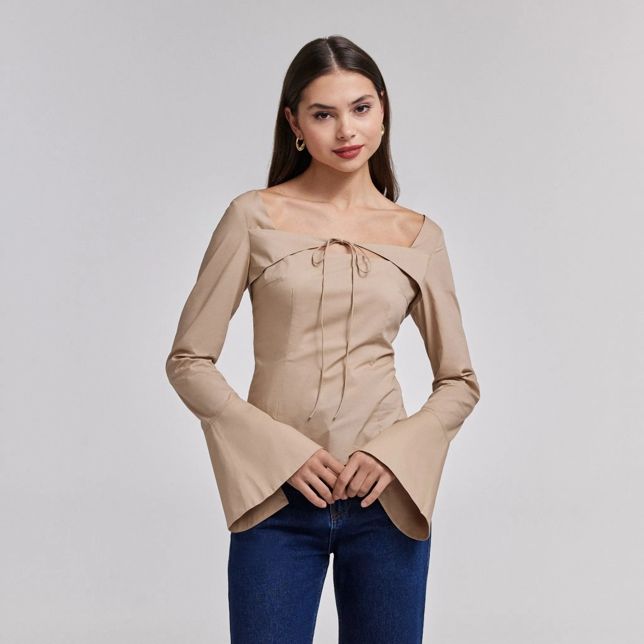 Beige Cotton Square Neck Long Sleeve Top