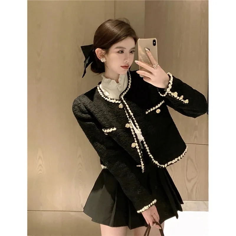 Bonnyshow  Vintage Tweed Jackets Women Elegant Black Cropped Suit Coat Korean Thicken Blazer Single Breasted Short Outerwear Tops New