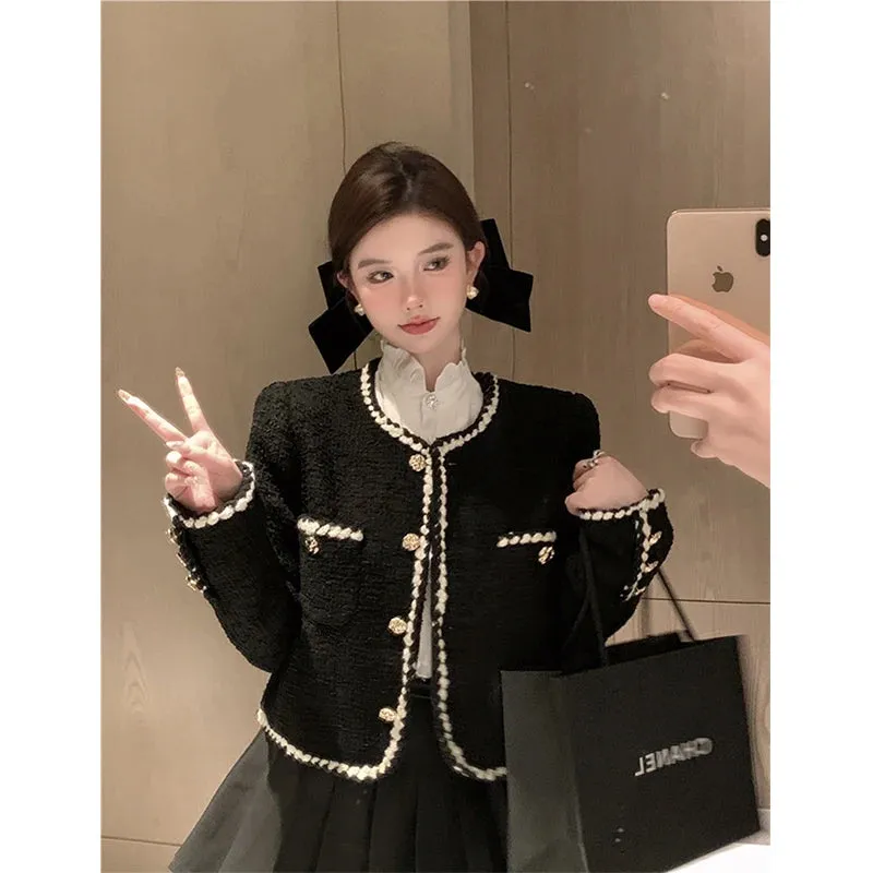 Bonnyshow  Vintage Tweed Jackets Women Elegant Black Cropped Suit Coat Korean Thicken Blazer Single Breasted Short Outerwear Tops New