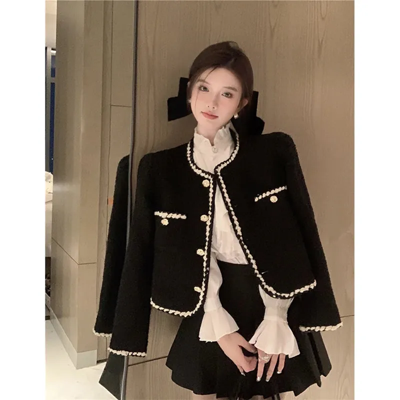 Bonnyshow  Vintage Tweed Jackets Women Elegant Black Cropped Suit Coat Korean Thicken Blazer Single Breasted Short Outerwear Tops New