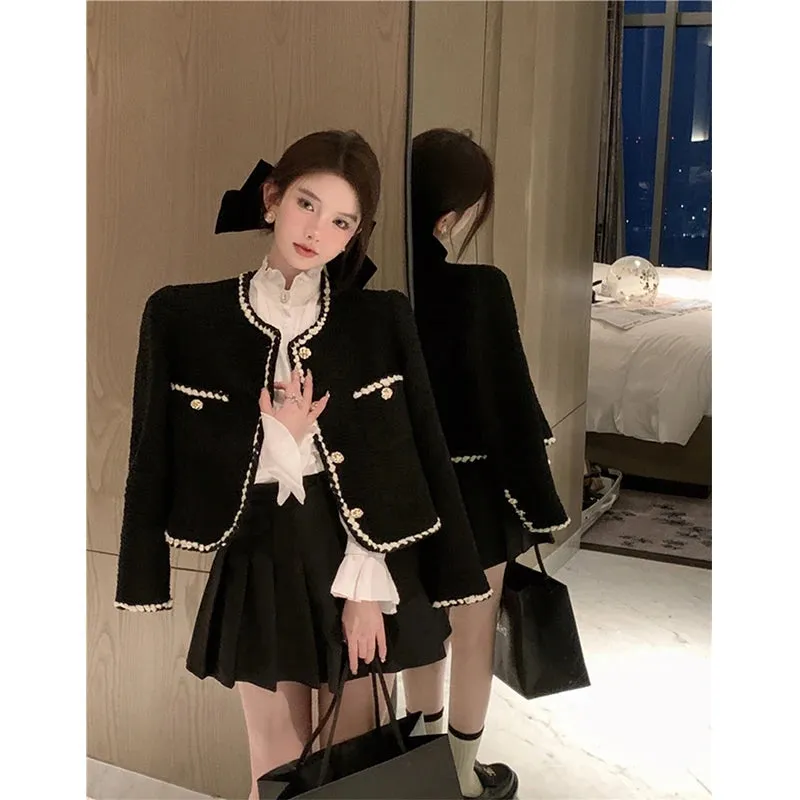 Bonnyshow  Vintage Tweed Jackets Women Elegant Black Cropped Suit Coat Korean Thicken Blazer Single Breasted Short Outerwear Tops New