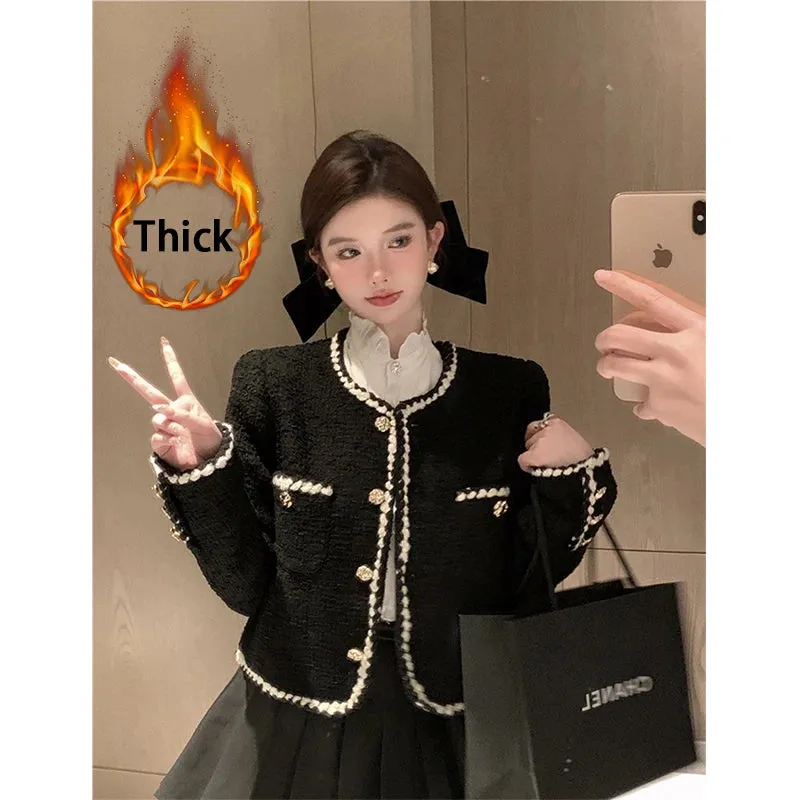 Bonnyshow  Vintage Tweed Jackets Women Elegant Black Cropped Suit Coat Korean Thicken Blazer Single Breasted Short Outerwear Tops New