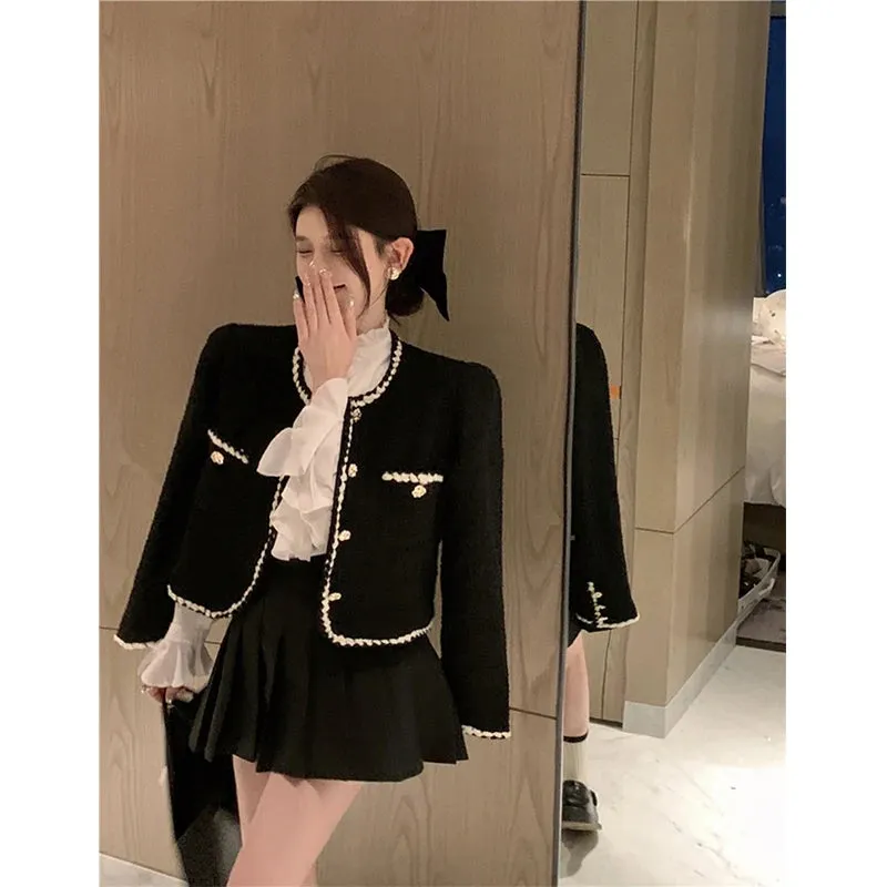 Bonnyshow  Vintage Tweed Jackets Women Elegant Black Cropped Suit Coat Korean Thicken Blazer Single Breasted Short Outerwear Tops New