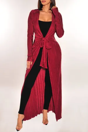 Burgundy Ribbed Collared Belted Long Sleeve Duster