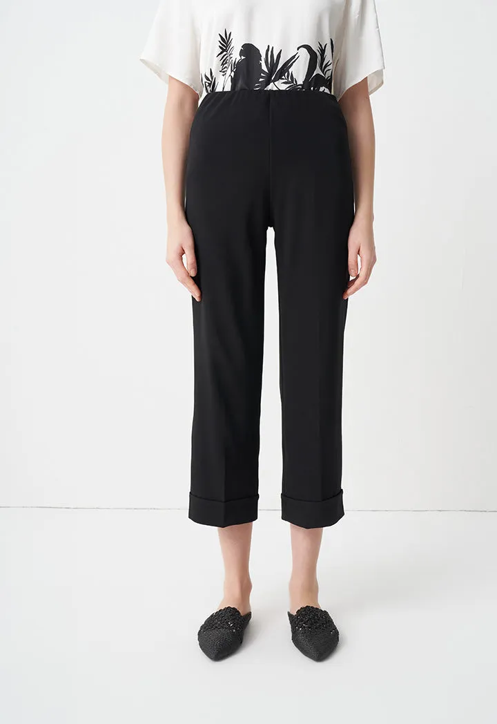 Choice Folded Hem Solid Trousers Black