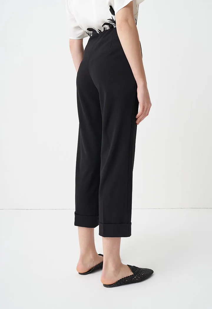 Choice Folded Hem Solid Trousers Black