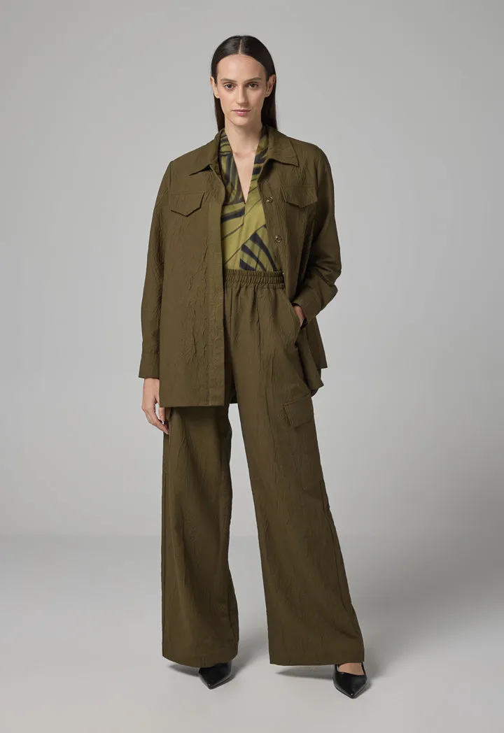 Choice Wide Leg Elasticated Waist Crinkled Trousers Khaki