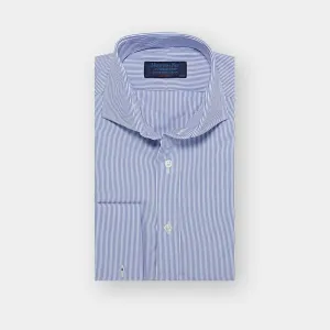 Classic Fit Blue Fine Bengal Stripe Cotton Poplin Shirt with Cut-away Collar & Double Cuff