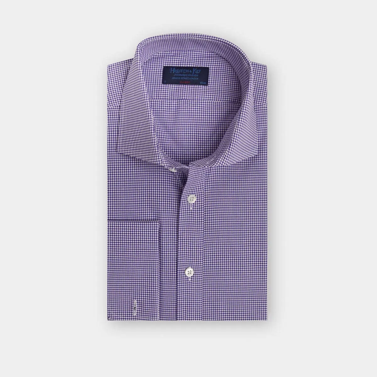 Classic Fit, Cutaway Collar, Double Cuff Shirt In Purple & White Fine Check