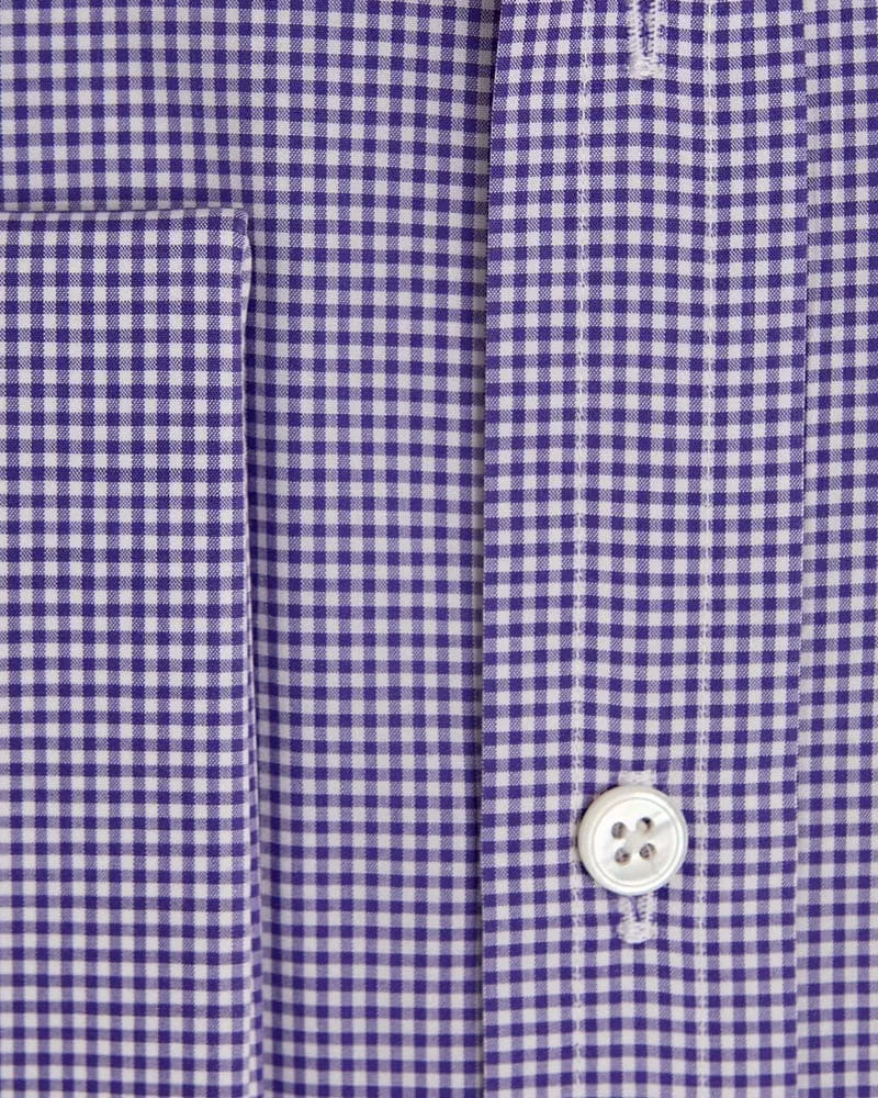 Classic Fit, Cutaway Collar, Double Cuff Shirt In Purple & White Fine Check