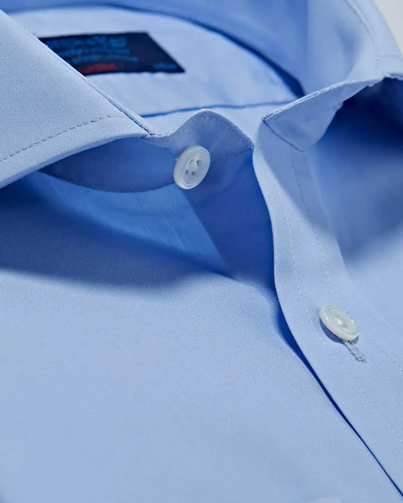 Classic Fit Plain Sky Blue Cotton Poplin Shirt with Cut-away Collar & Double Cuff