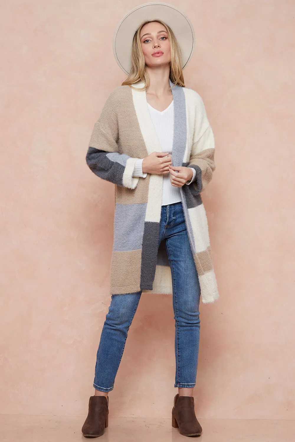 Color Blocked  Open Front Long Knit Sweater Cardigan