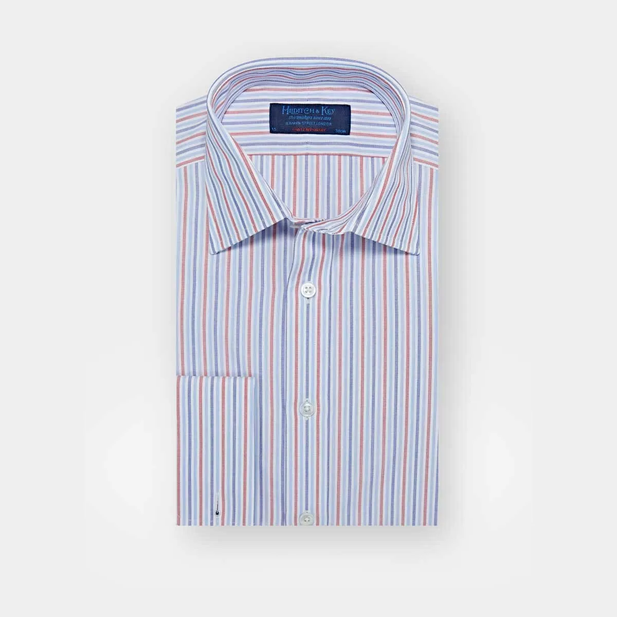 Contemporary Fit, Classic Collar, Double Cuff Shirt In Navy,Blue & Red Ladder Stripe