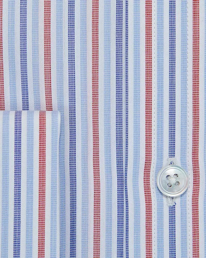 Contemporary Fit, Classic Collar, Double Cuff Shirt In Navy,Blue & Red Ladder Stripe