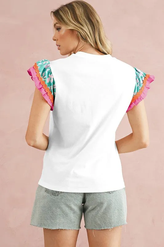 Contrast Ricrac Floral Sleeve Top