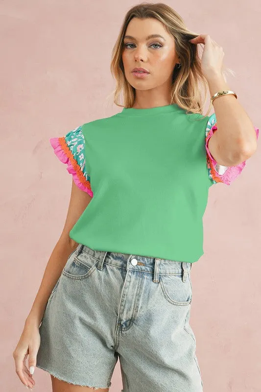 Contrast Ricrac Floral Sleeve Top