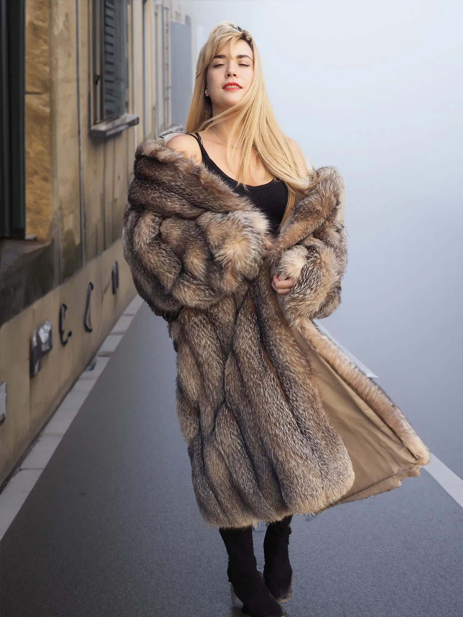 Crystal Fox Fur Coat Shawl collar 50" Long M