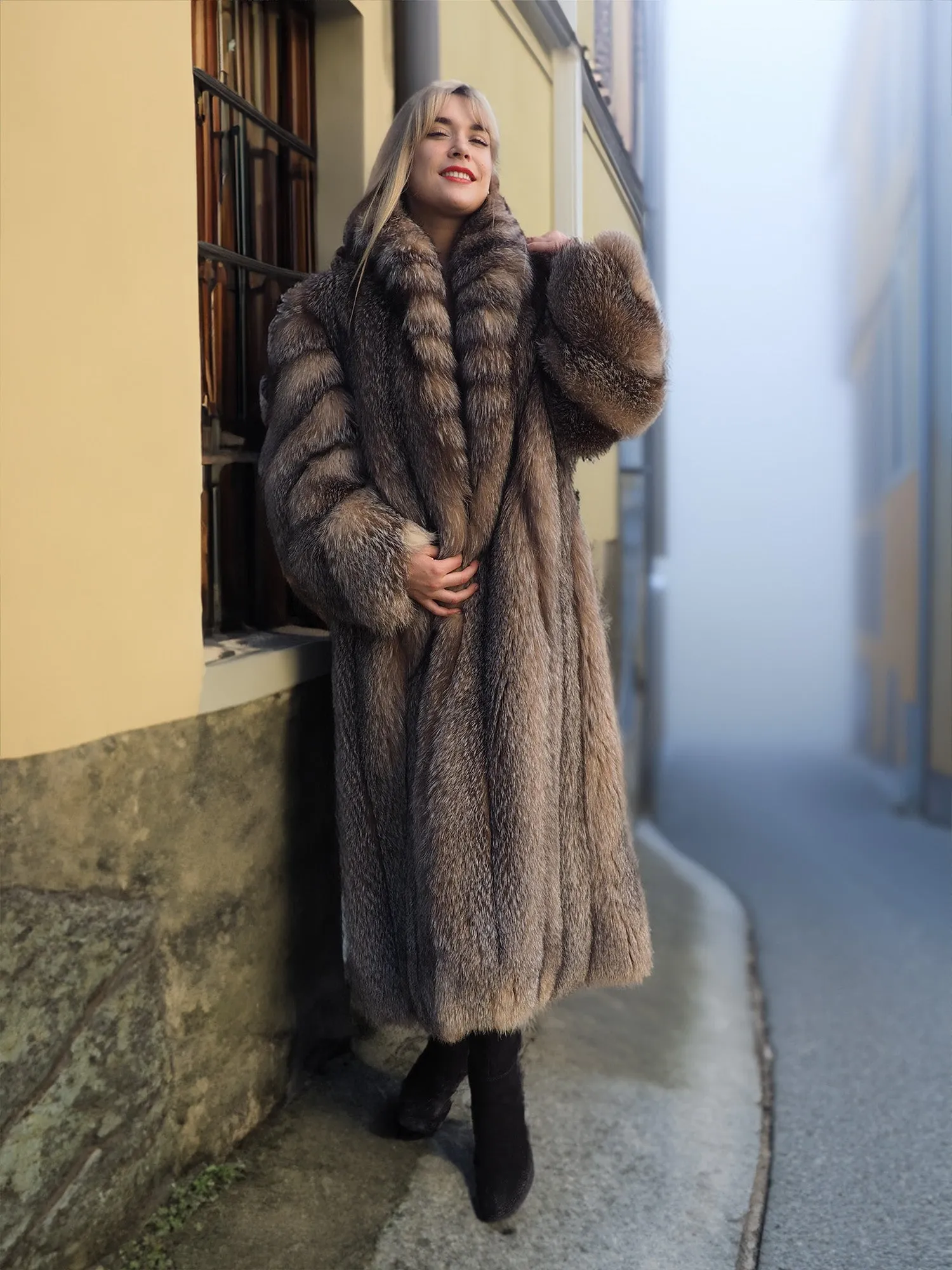 Crystal Fox Fur Coat Shawl collar 50" Long M