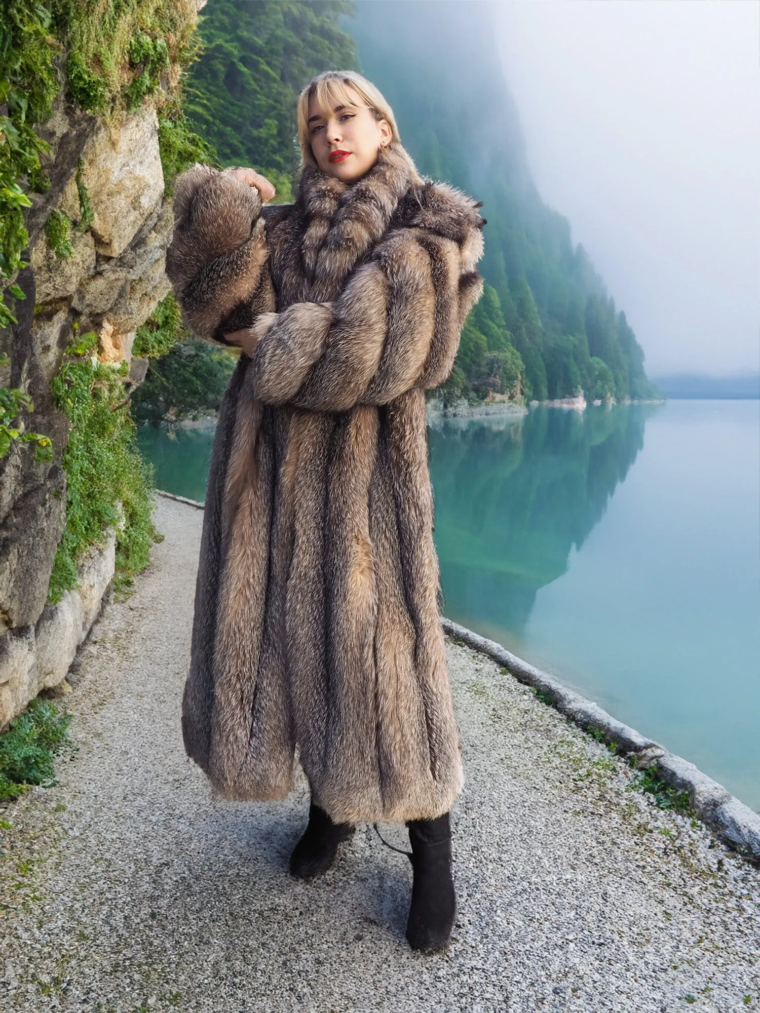 Crystal Fox Fur Coat Shawl collar 50" Long M