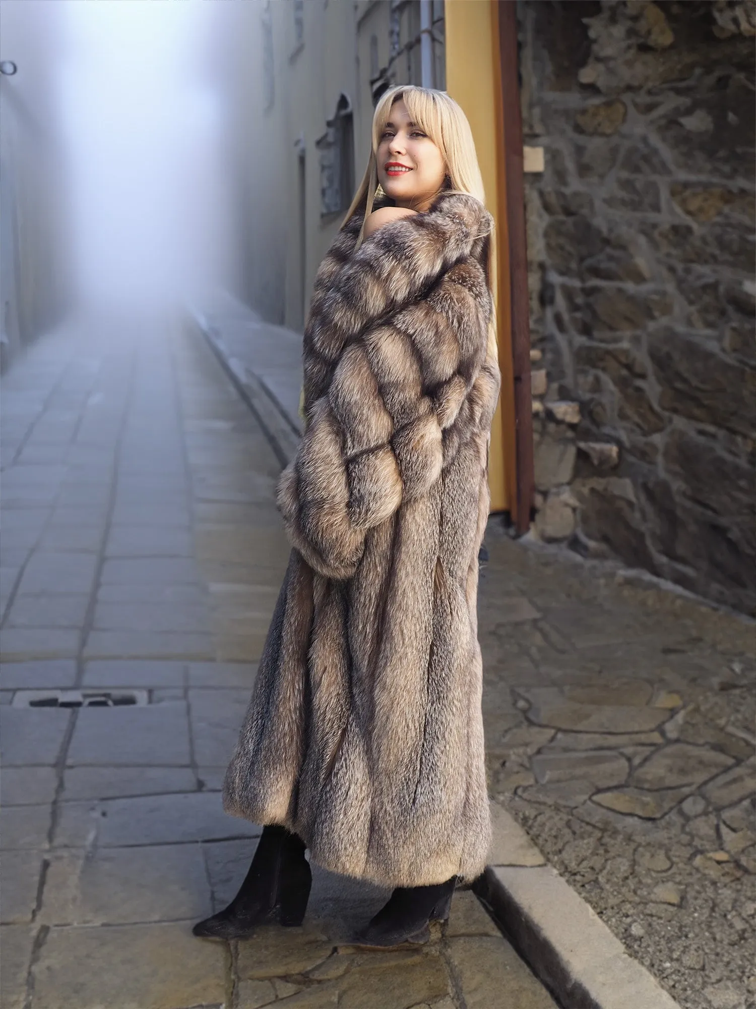 Crystal Fox Fur Coat Shawl collar 50" Long M