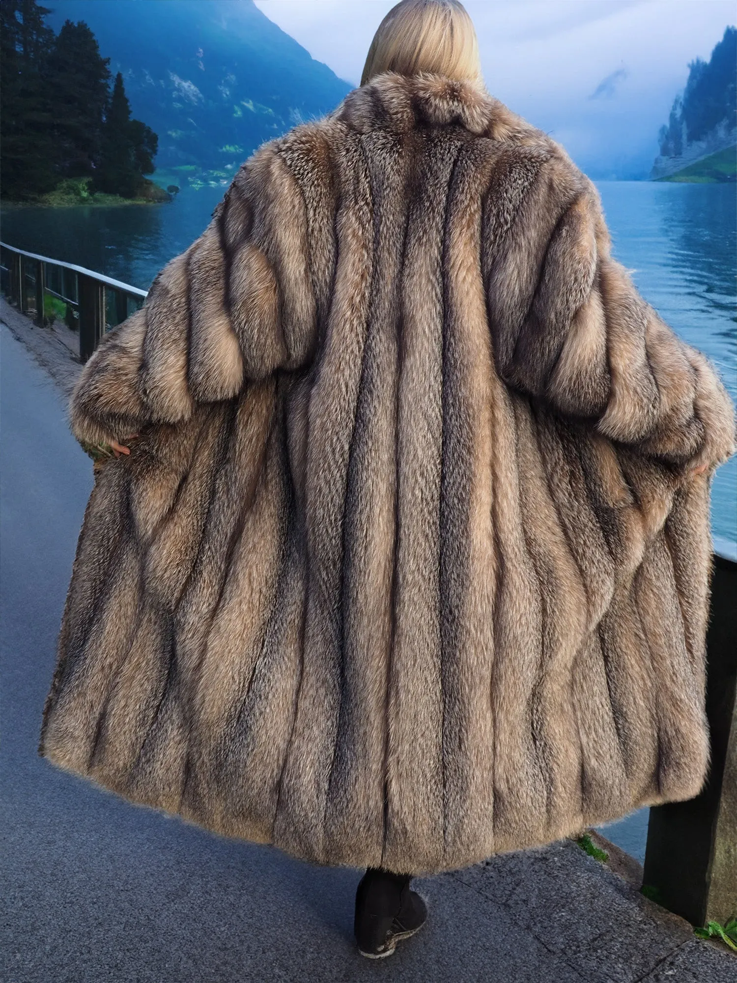 Crystal Fox Fur Coat Shawl collar 50" Long M