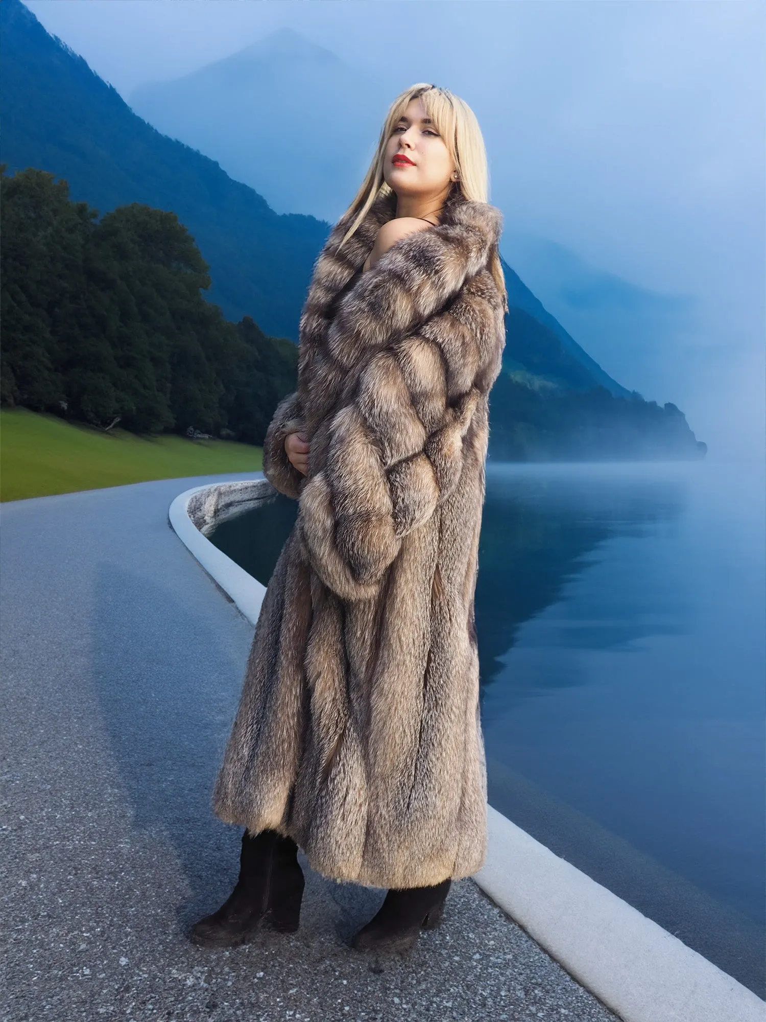 Crystal Fox Fur Coat Shawl collar 50" Long M