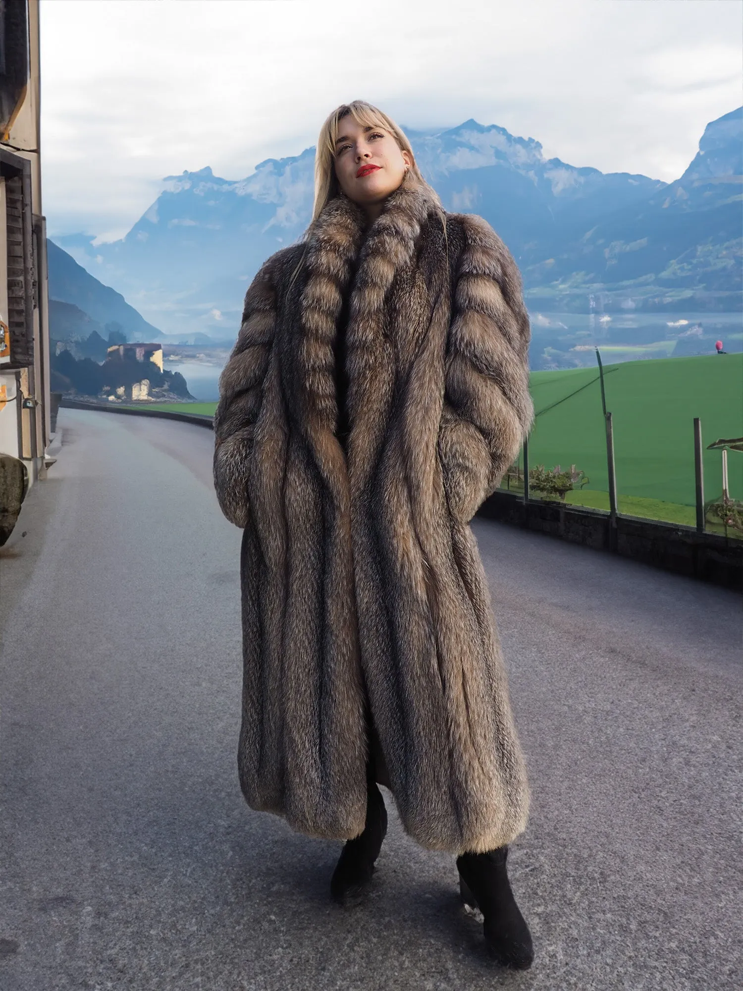 Crystal Fox Fur Coat Shawl collar 50" Long M