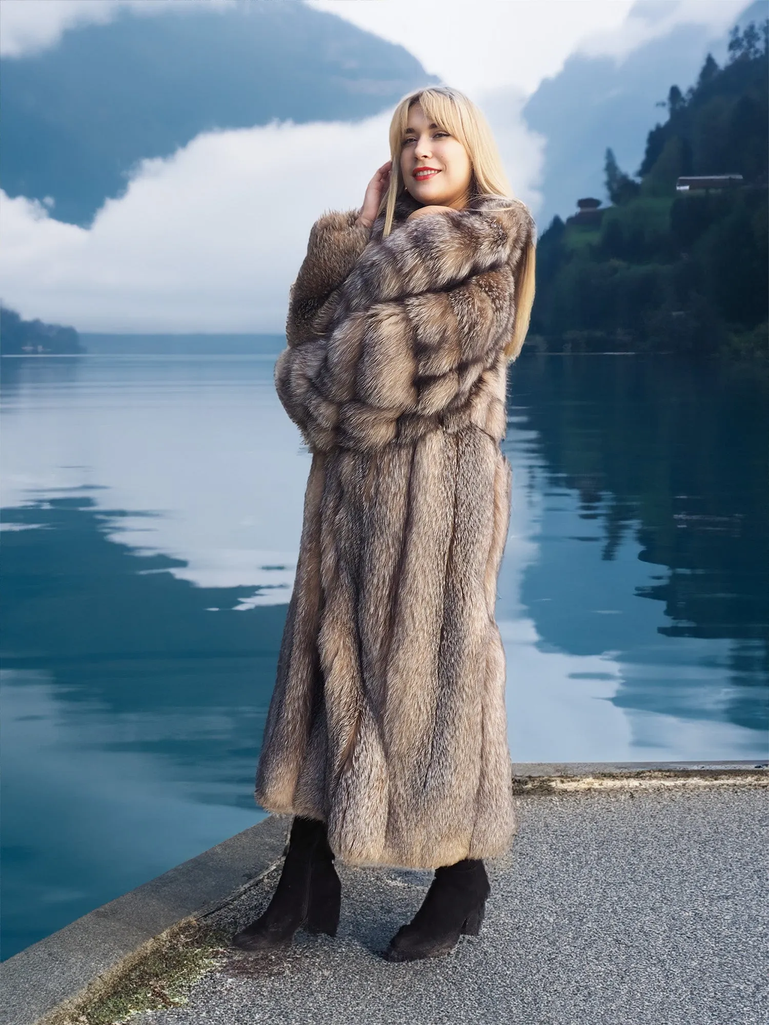 Crystal Fox Fur Coat Shawl collar 50" Long M