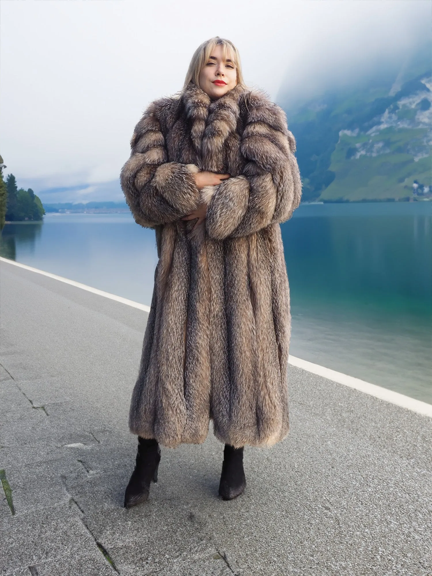 Crystal Fox Fur Coat Shawl collar 50" Long M