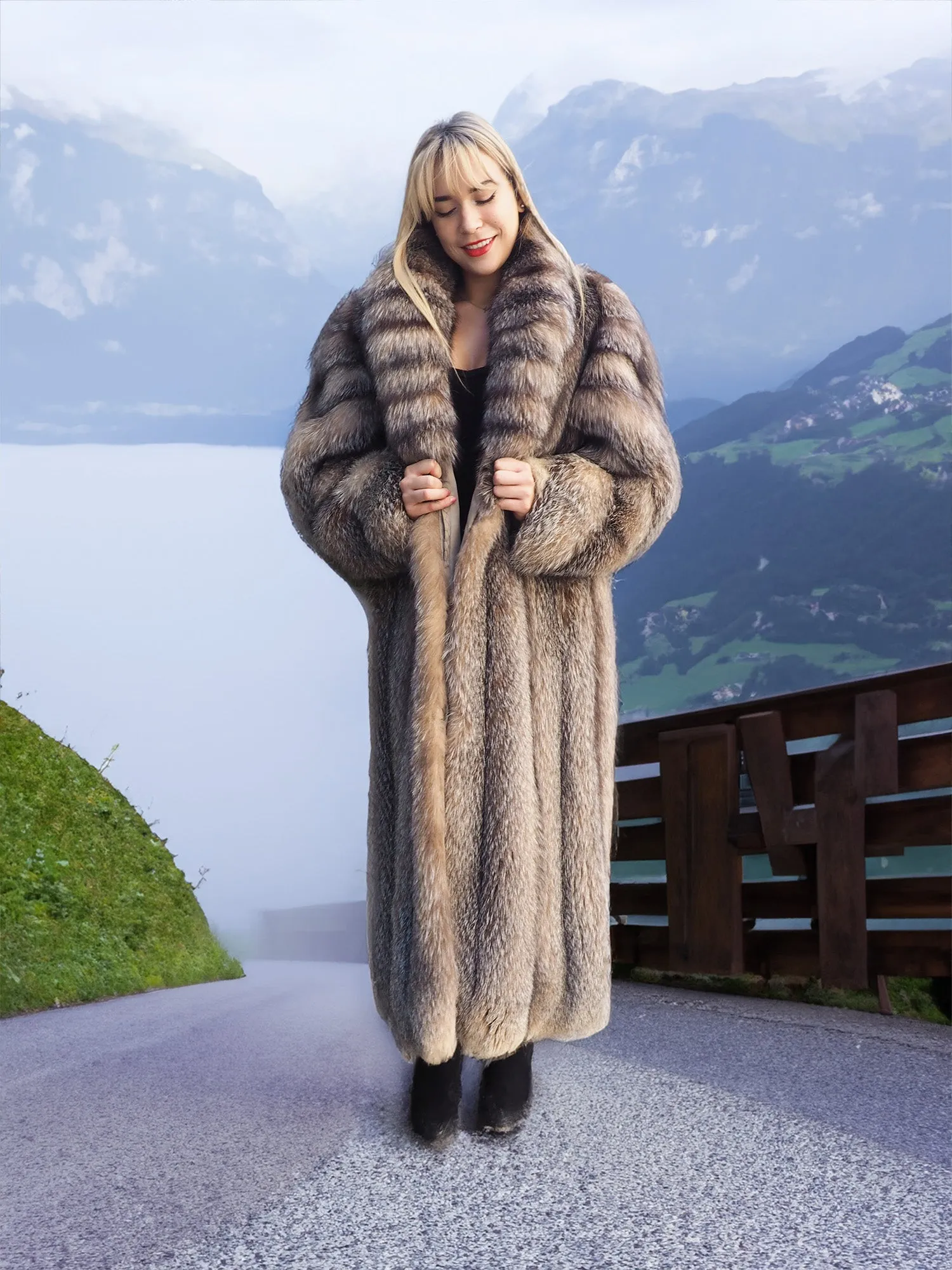 Crystal Fox Fur Coat Shawl collar 50" Long M