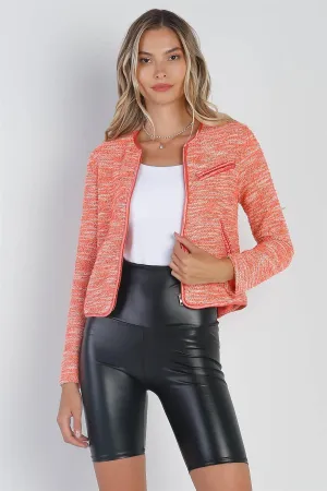 Delicious Orange Vintage Tweed Long Sleeve Front Zip-Up Detail Jacket With Pockets /1-2-2-1