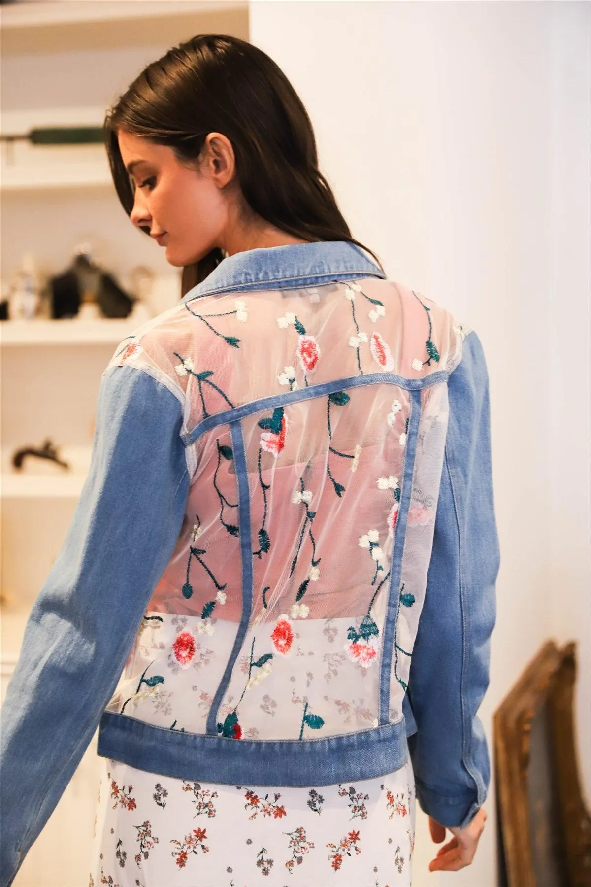 Denim Sheer Cut Multi Color Floral Embroidery Jacket /1-2-2-1