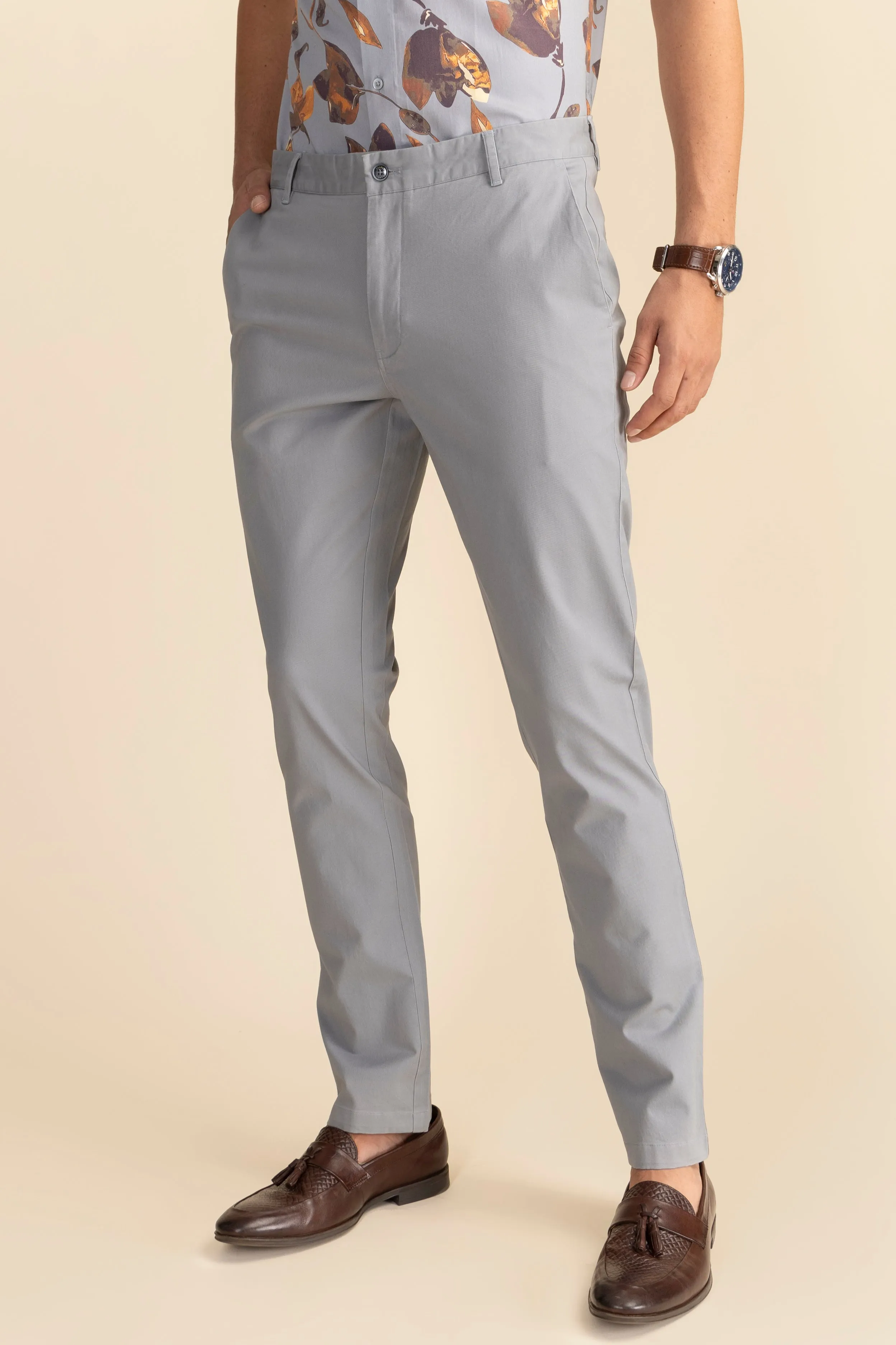 Grey Cotton Stretch Chinos