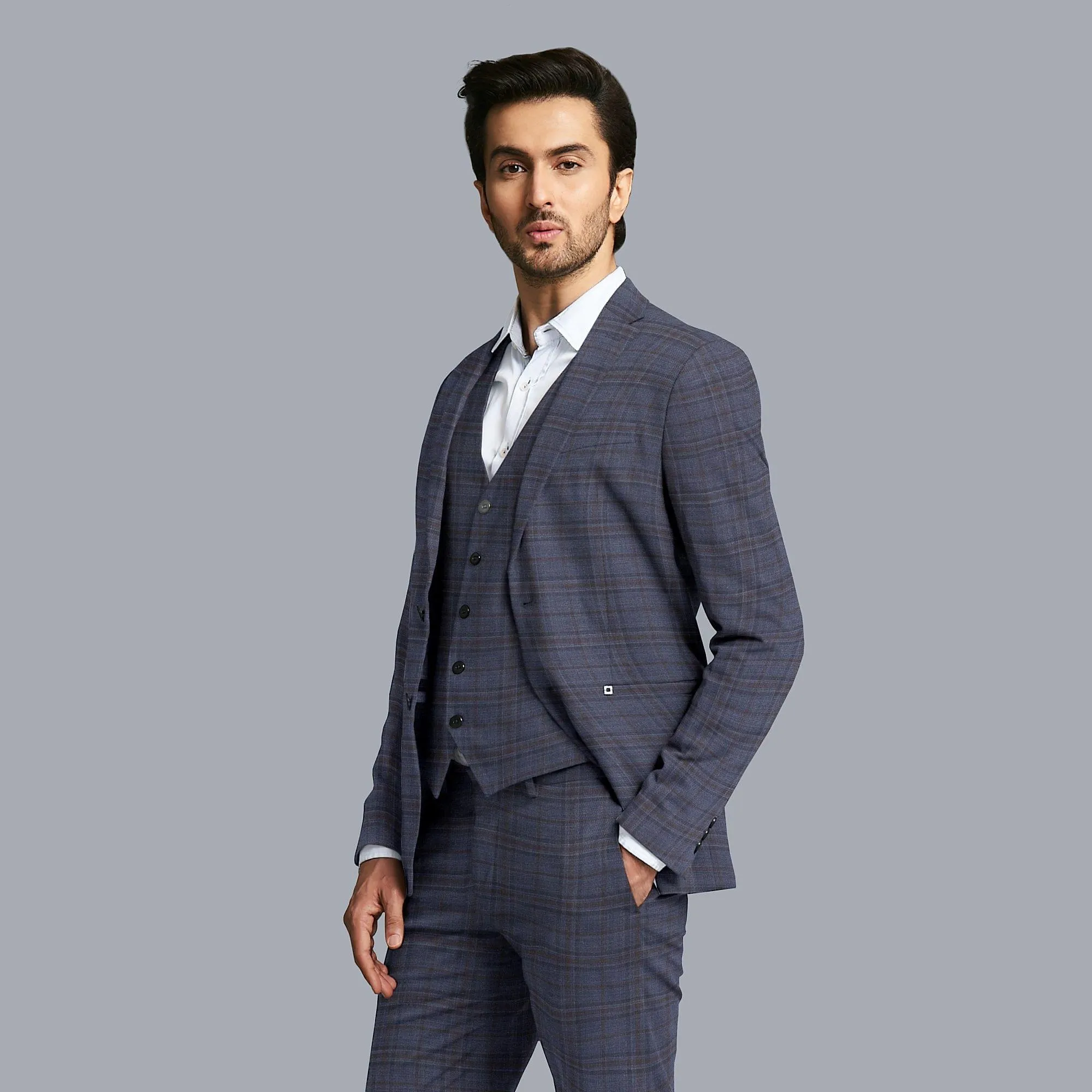 Indigo blue Premium Super 130's Italian blended wool suiting fabric with brown checks design-D10818