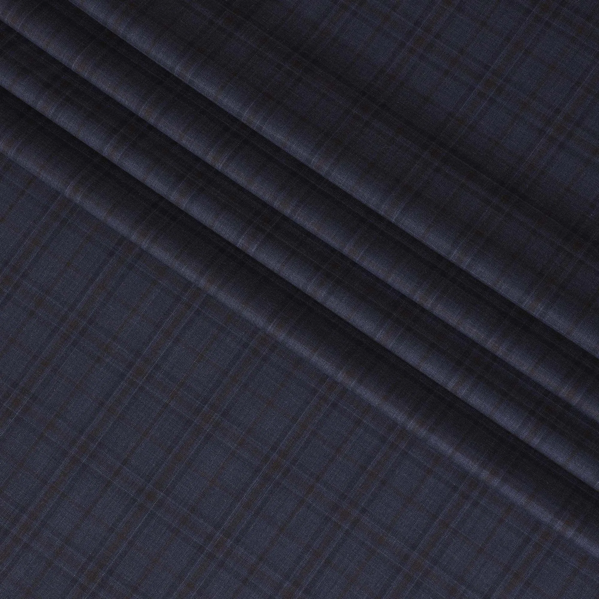 Indigo blue Premium Super 130's Italian blended wool suiting fabric with brown checks design-D10818