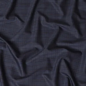 Indigo blue Premium Super 130's Italian blended wool suiting fabric with brown checks design-D10818