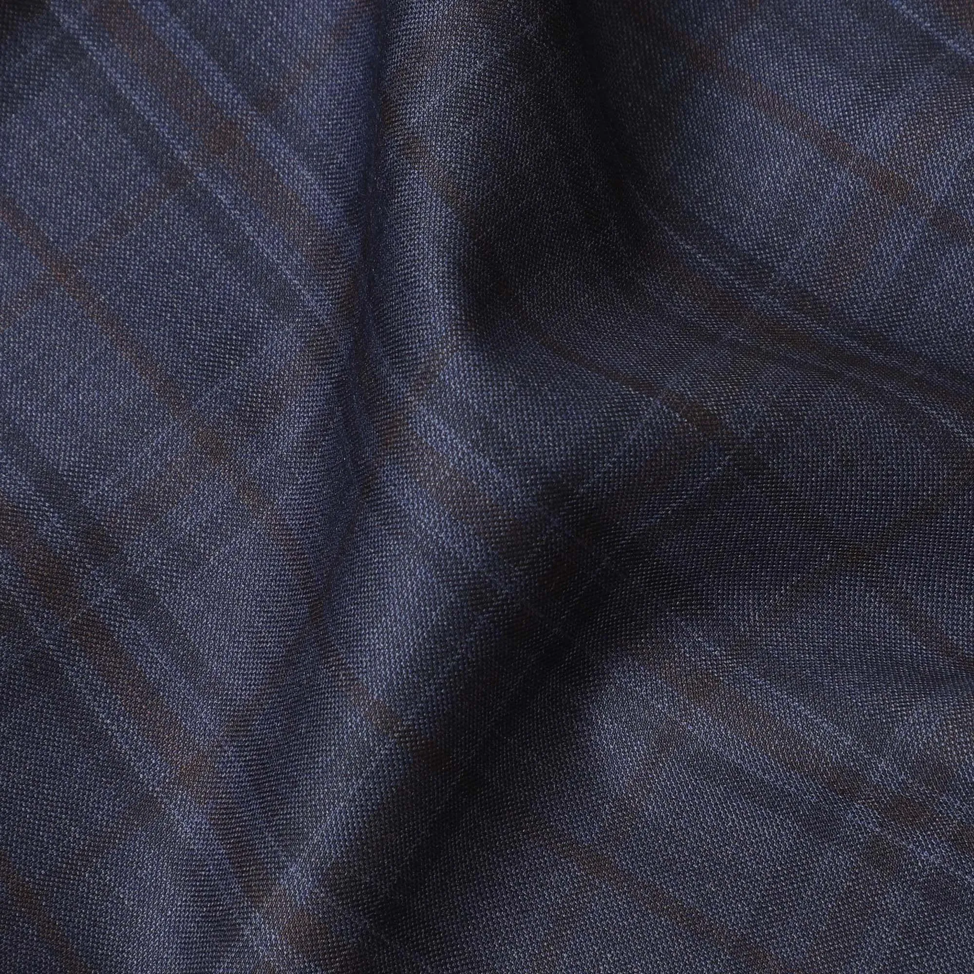 Indigo blue Premium Super 130's Italian blended wool suiting fabric with brown checks design-D10818