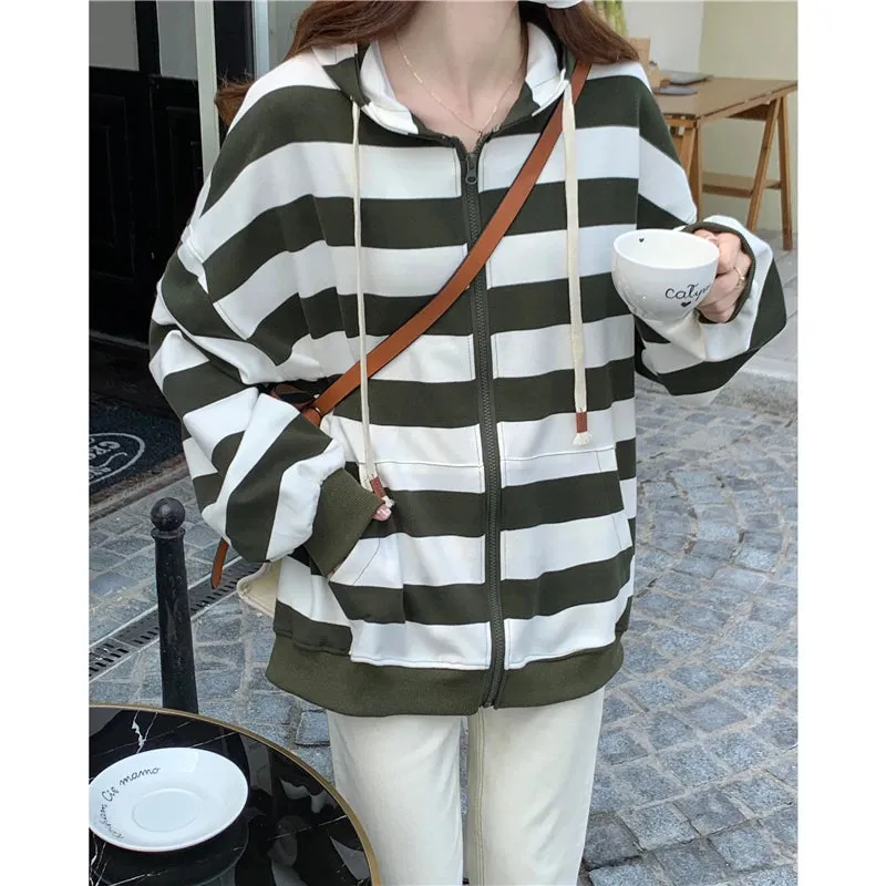 Korean Style Zipper Striped Female Hoodies Autumn Loose Casual Drawstring Streetwear Long Sleeve Women Sweatshirts