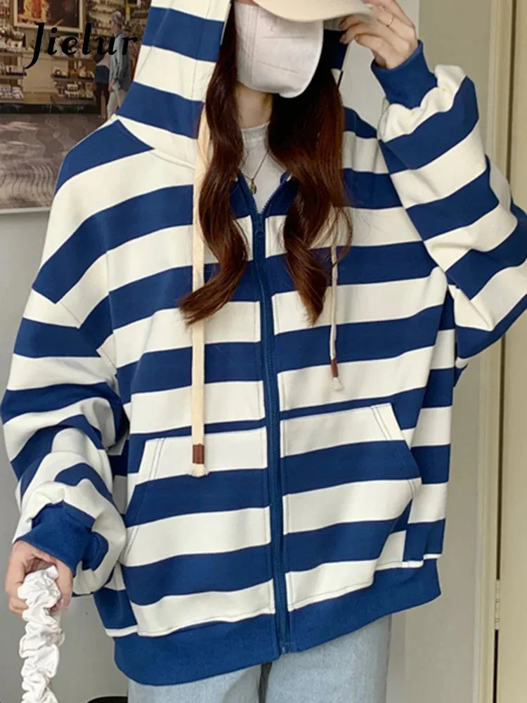 Korean Style Zipper Striped Female Hoodies Autumn Loose Casual Drawstring Streetwear Long Sleeve Women Sweatshirts