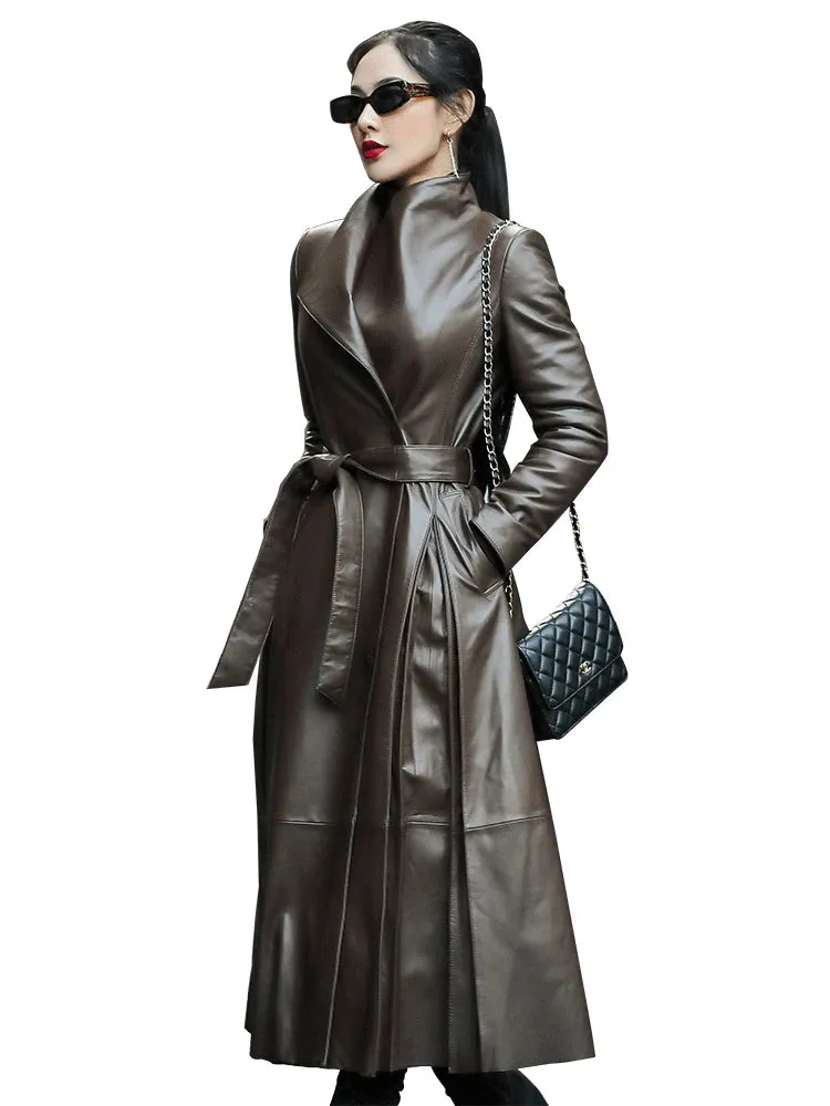 Long Brown Black Soft Faux Leather Trench Belt Skirted Coat