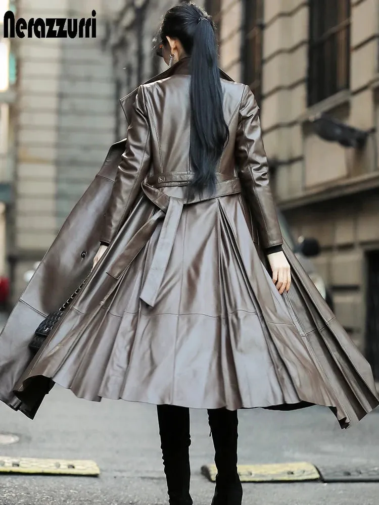 Long Brown Black Soft Faux Leather Trench Belt Skirted Coat