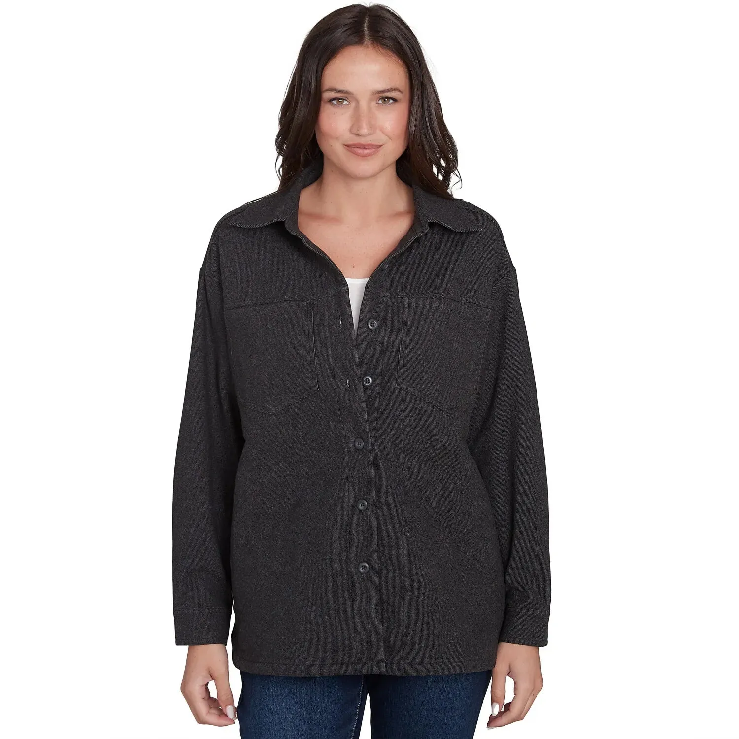 Luxe Button Front Stretch Rib Knit Jacket Charcoal Heater - Ruby Rd