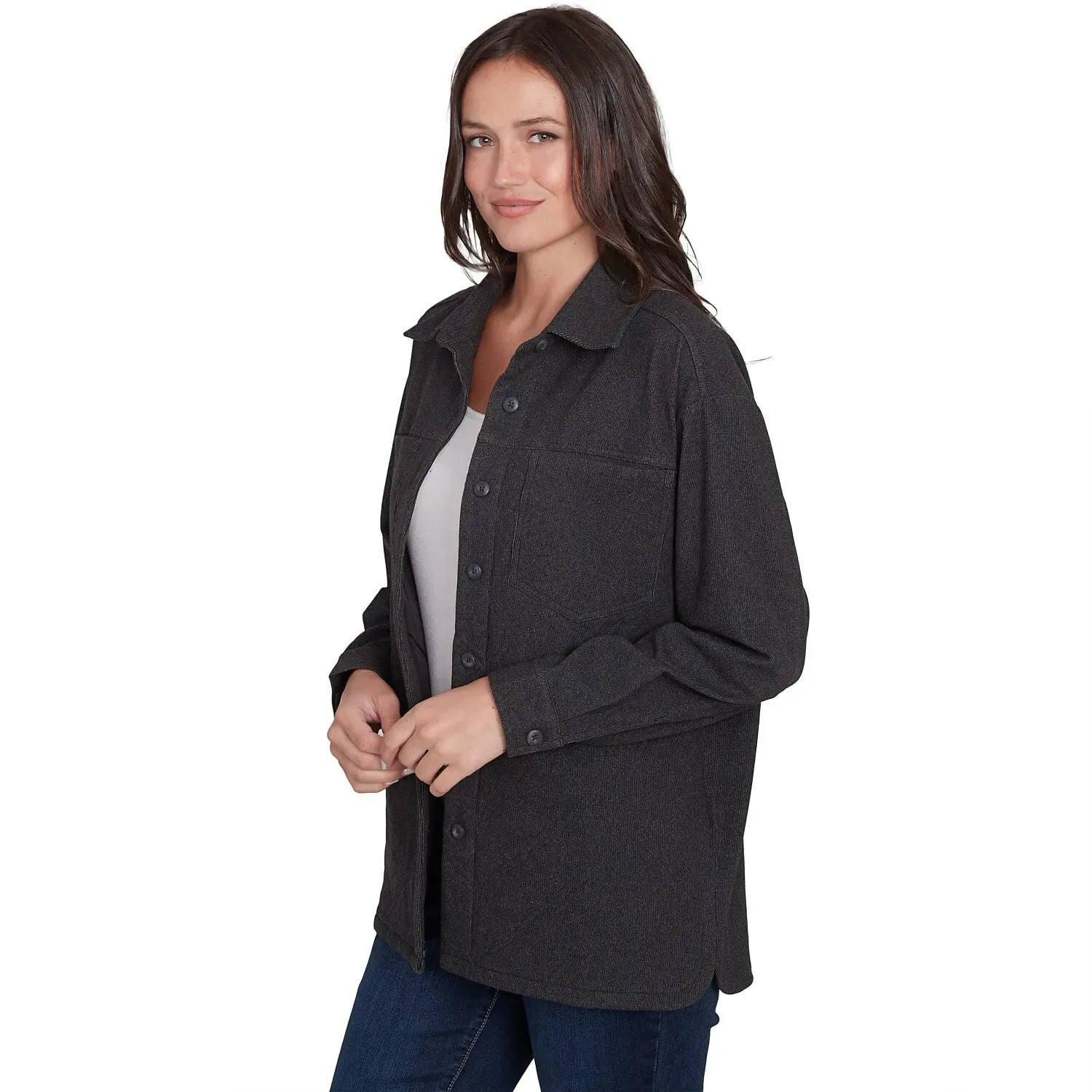 Luxe Button Front Stretch Rib Knit Jacket Charcoal Heater - Ruby Rd